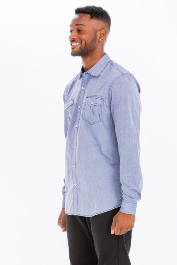 Men’s Casual Long-Sleeve Button-Front Shirt – Chest Pockets