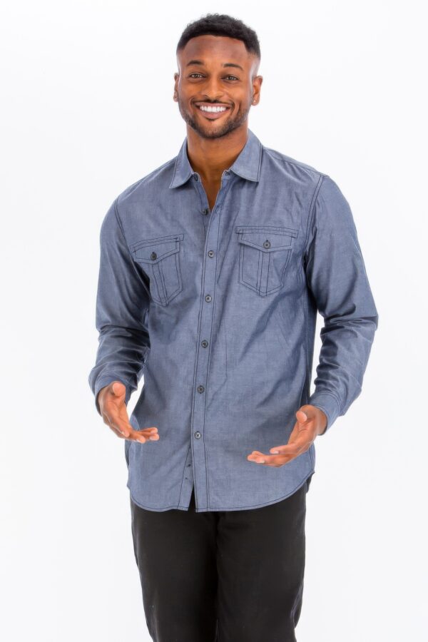 Men’s Casual Long-Sleeve Button-Front Shirt – Chest Pockets