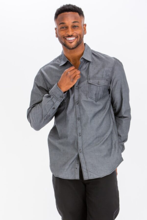 Men’s Casual Long-Sleeve Button-Front Shirt – Chest Pockets