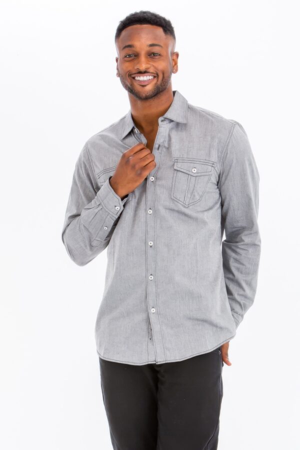 Men’s Casual Long-Sleeve Button-Front Shirt – Chest Pockets