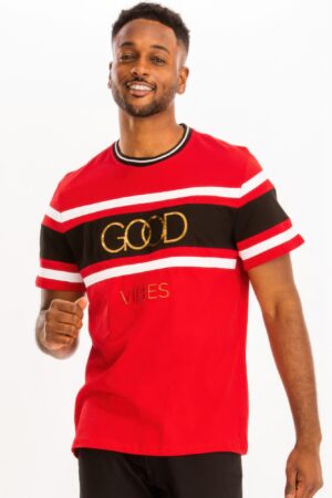 Good Vibes 3D Print Gold Foil Colorblock T-Shirt