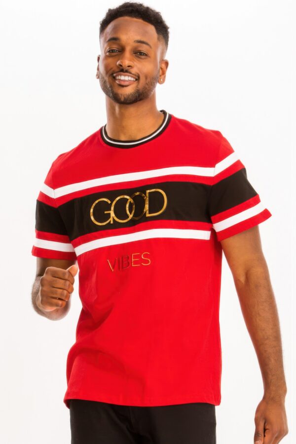 Good Vibes 3D Print Gold Foil Colorblock T-Shirt