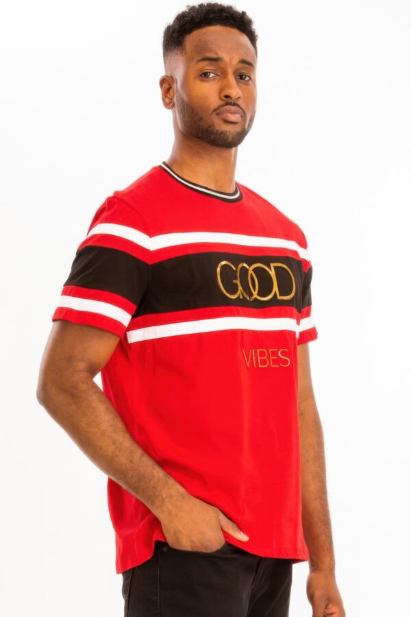 Good Vibes 3D Print Gold Foil Colorblock T-Shirt