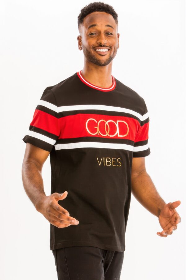 Good Vibes 3D Print Gold Foil Colorblock T-Shirt