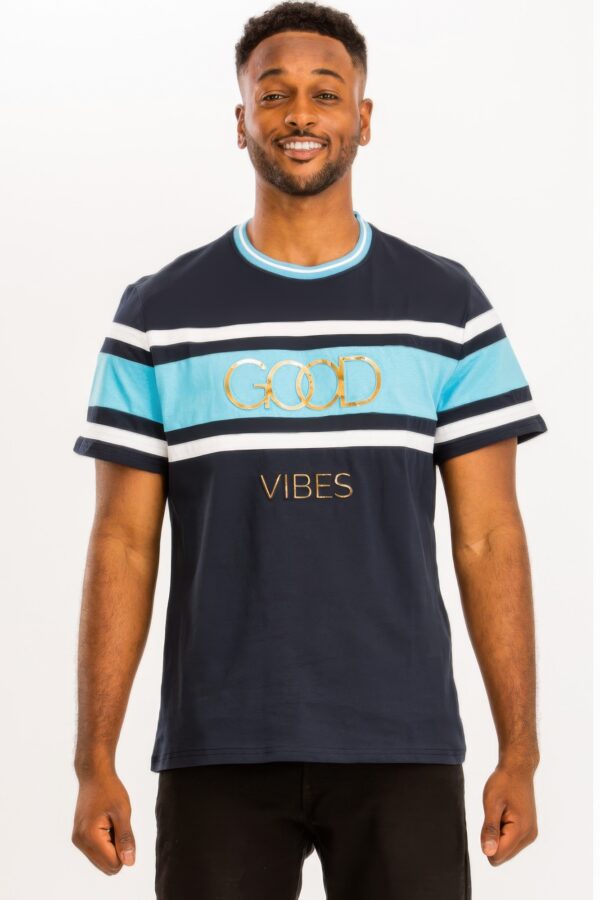 Good Vibes 3D Print Gold Foil Colorblock T-Shirt
