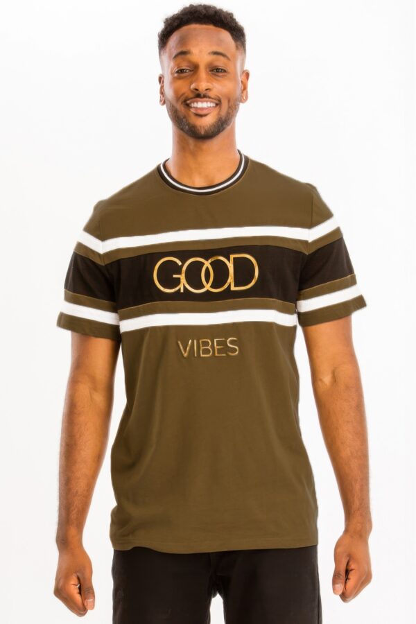 Good Vibes 3D Print Gold Foil Colorblock T-Shirt