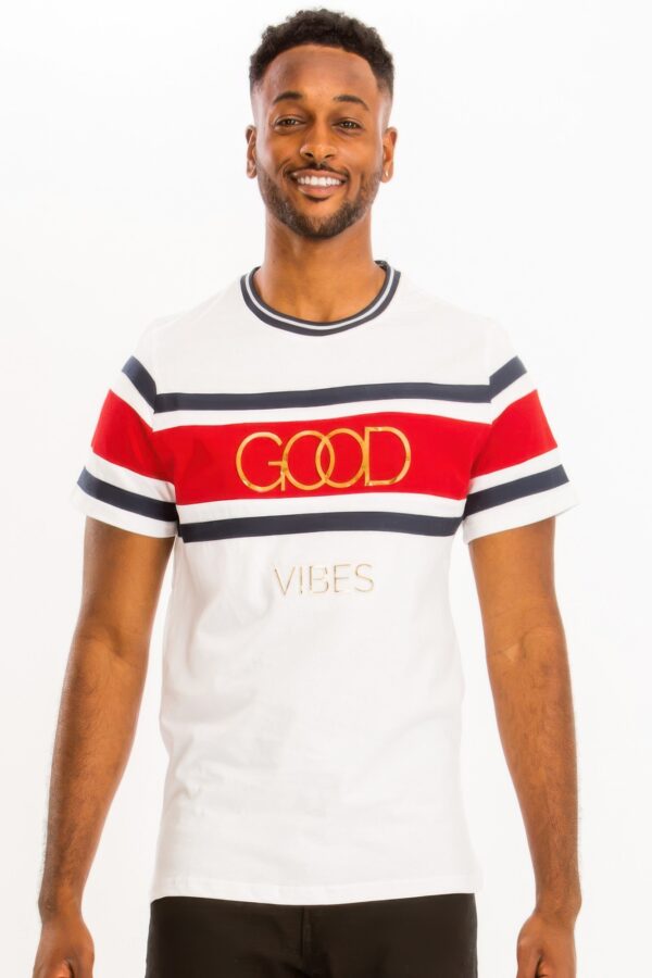 Good Vibes 3D Print Gold Foil Colorblock T-Shirt