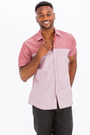 Two-Tone Short Sleeve Button-Down Shirt – Red