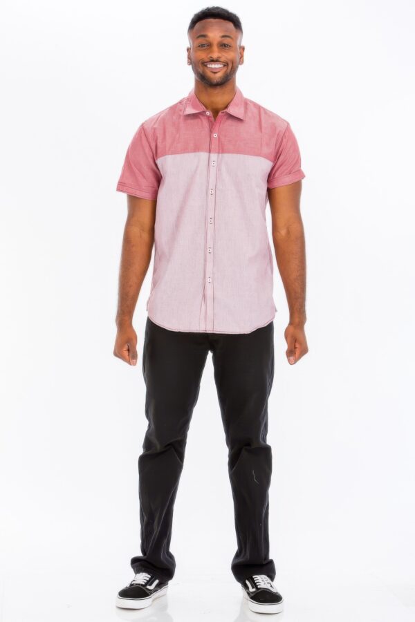 Two-Tone Short Sleeve Button-Down Shirt – Red