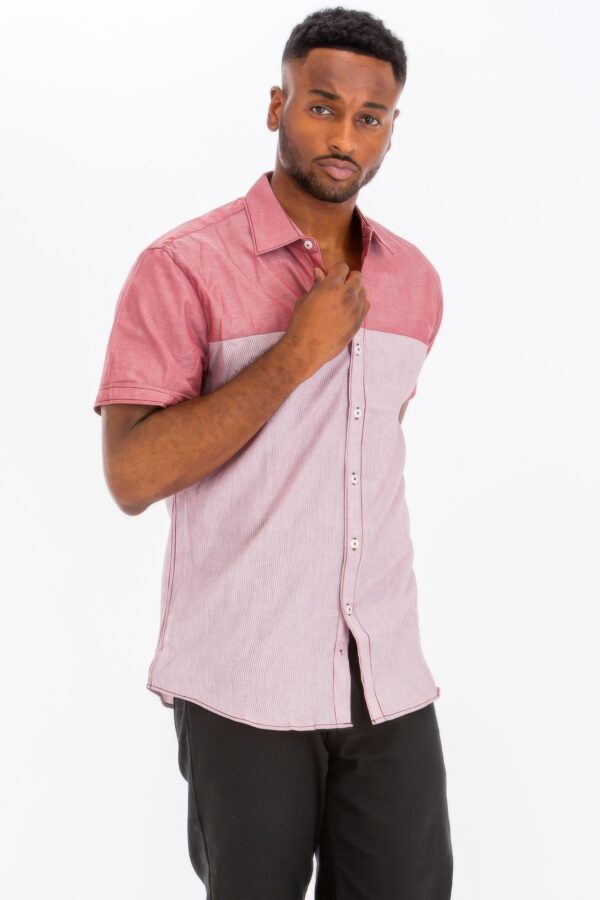 Two-Tone Short Sleeve Button-Down Shirt – Red