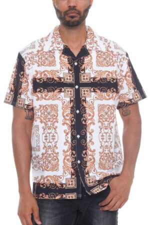 Men’s Collared Print Button-Down – White with Gold Print