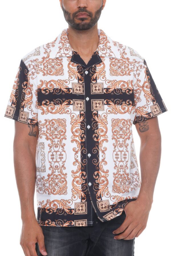 Men’s Collared Print Button-Down – White with Gold Print