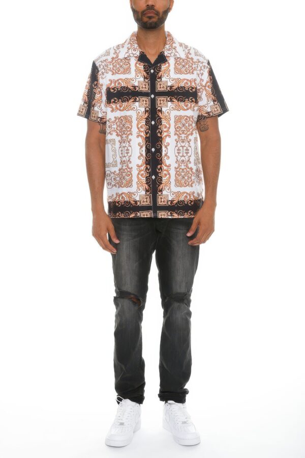 Men’s Collared Print Button-Down – White with Gold Print