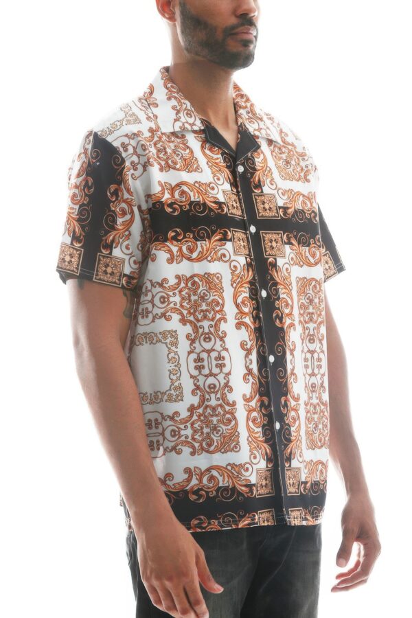 Men’s Collared Print Button-Down – White with Gold Print