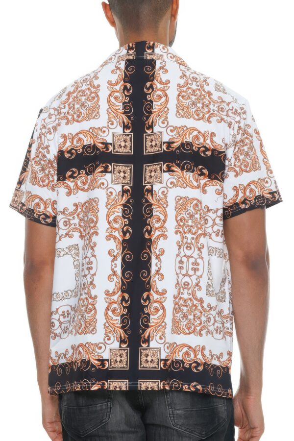 Men’s Collared Print Button-Down – White with Gold Print