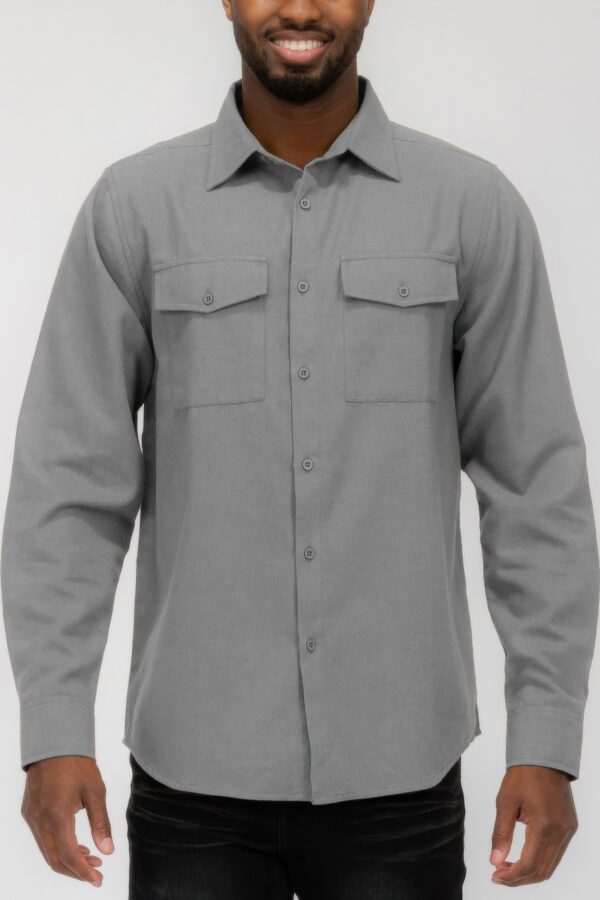 Men’s Solid Flannel Shirt – Dual Button Front