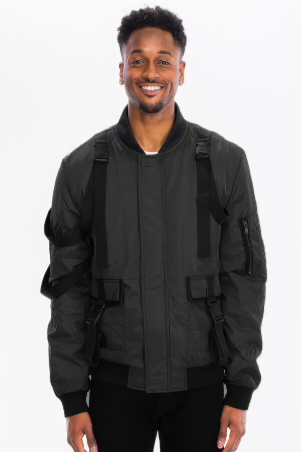 Men’s Utility Strap Jacket with Buckle Detailing – Black/Olive