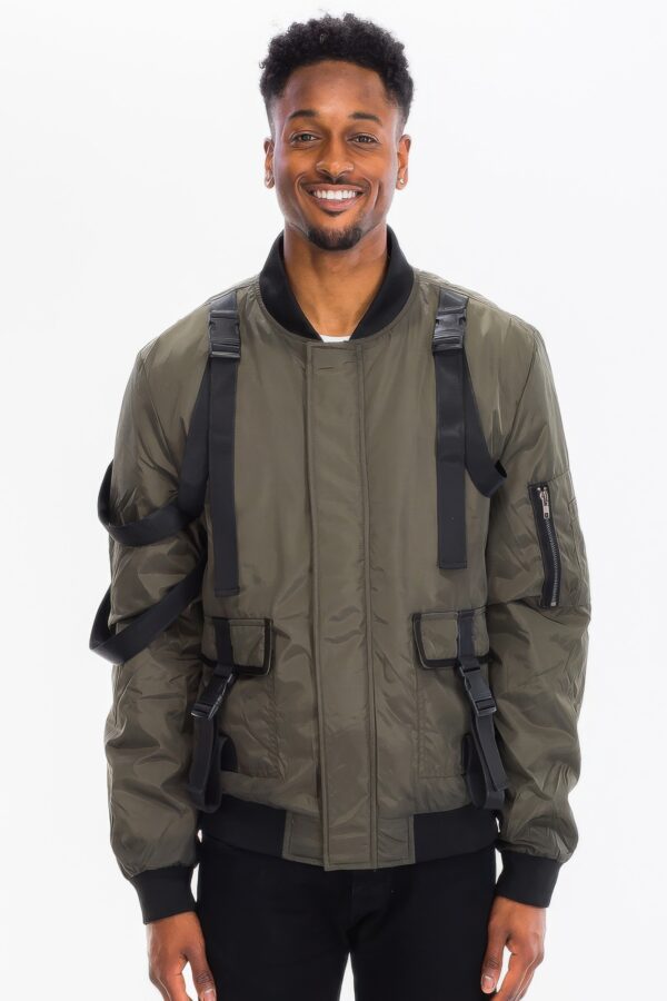 Men’s Utility Strap Jacket with Buckle Detailing – Black/Olive