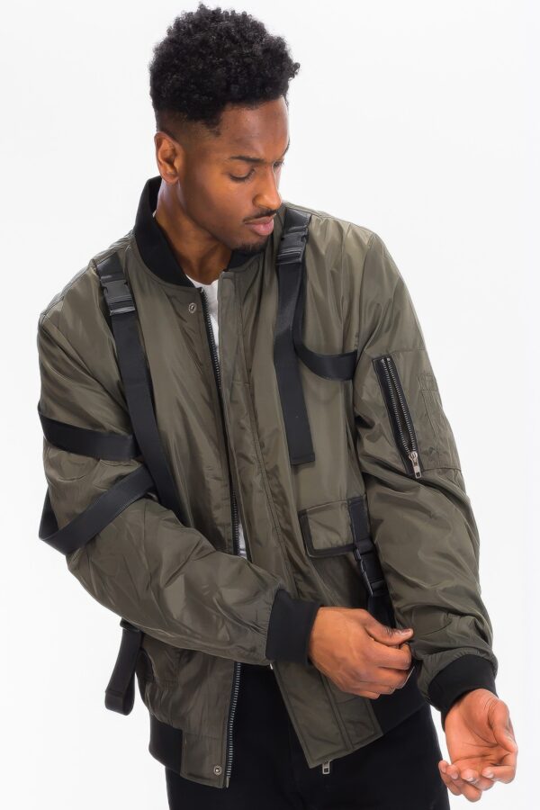 Men’s Utility Strap Jacket with Buckle Detailing – Black/Olive