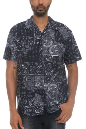 Men’s Collared Print Button-Down Shirt – Black & White