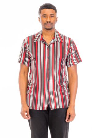 Vertical Print Short-Sleeve Button-Down Shirt – Red