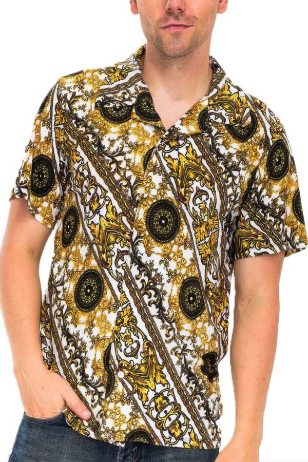 Men’s Printed Button-Down Shirt – Cuban Collar, Multi-Color