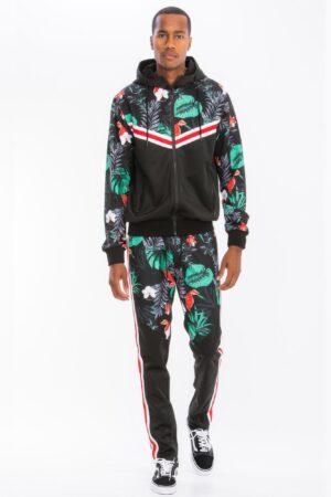 Printed Polyester Track Set with Ankle Zippers – Black