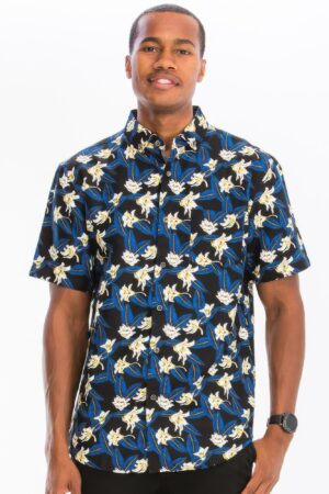 Men’s Hawaiian Print Short-Sleeve Button-Down Shirt – Black