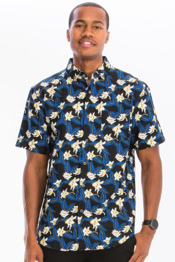 Men’s Hawaiian Print Short-Sleeve Button-Down Shirt – Black