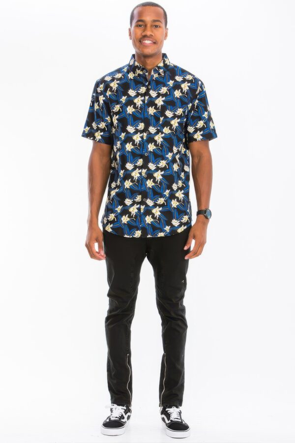 Men’s Hawaiian Print Short-Sleeve Button-Down Shirt – Black
