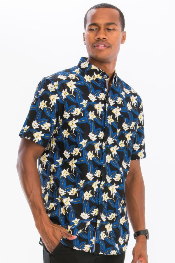 Men’s Hawaiian Print Short-Sleeve Button-Down Shirt – Black