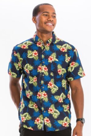 Men’s Hawaiian Print Button-Down Shirt – Tropical Multi