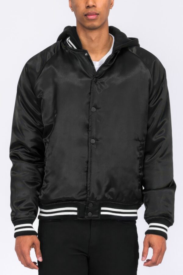 Satin Varsity Bomber Jacket – Striped Trim