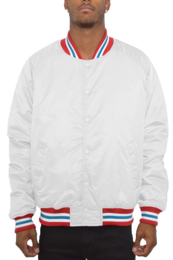 Satin Varsity Bomber Jacket – Striped Trim