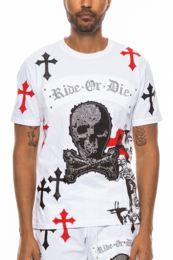 Cotton Chrome Cross T-Shirt with Bejeweled Print