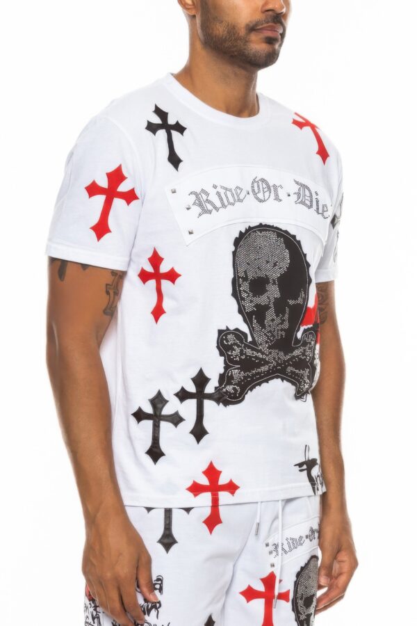Cotton Chrome Cross T-Shirt with Bejeweled Print