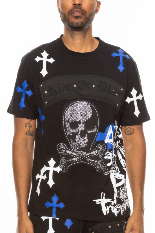 Cotton Chrome Cross T-Shirt with Bejeweled Print