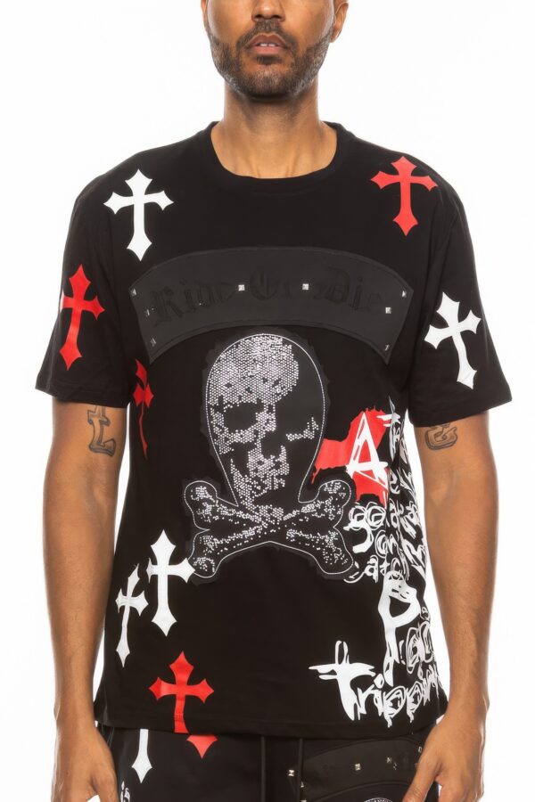 Cotton Chrome Cross T-Shirt with Bejeweled Print
