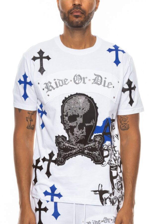 Cotton Chrome Cross T-Shirt with Bejeweled Print