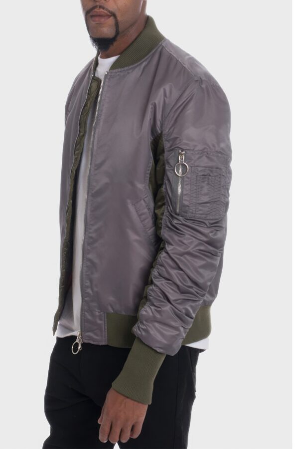 Two-Tone Color Block Bomber Jacket with Back Pouch