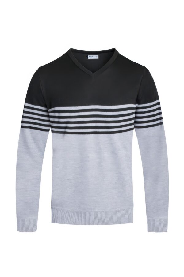 Men’s V-Neck Knit Pullover – Two-Tone Stripes