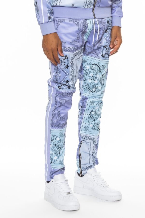 Paisley Bandana Track Pants – Striped Tape & Ankle Zippers