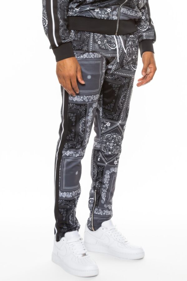 Paisley Bandana Track Pants – Striped Tape & Ankle Zippers