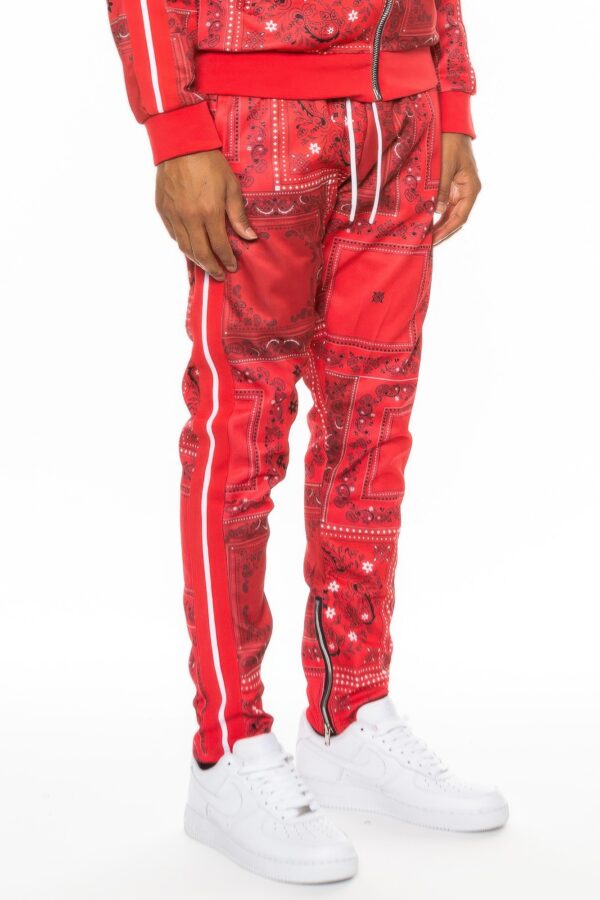 Paisley Bandana Track Pants – Striped Tape & Ankle Zippers