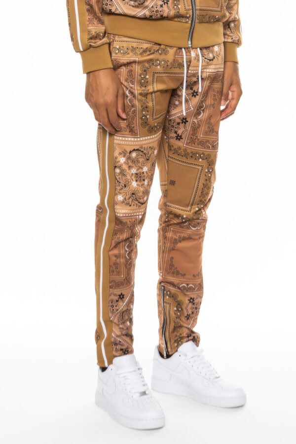 Paisley Bandana Track Pants – Striped Tape & Ankle Zippers