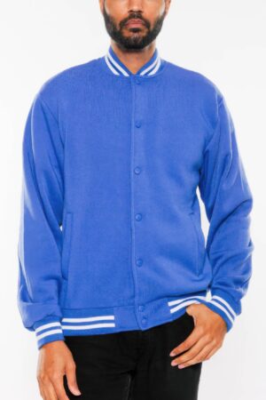 Men’s Fleece Varsity Jacket – Snap Button, Striped Trim