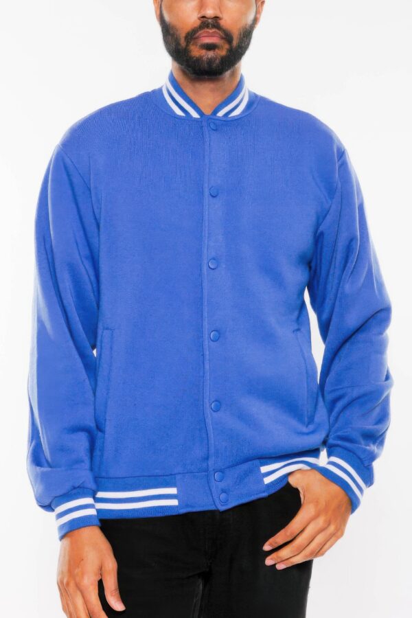 Men’s Fleece Varsity Jacket – Snap Button, Striped Trim