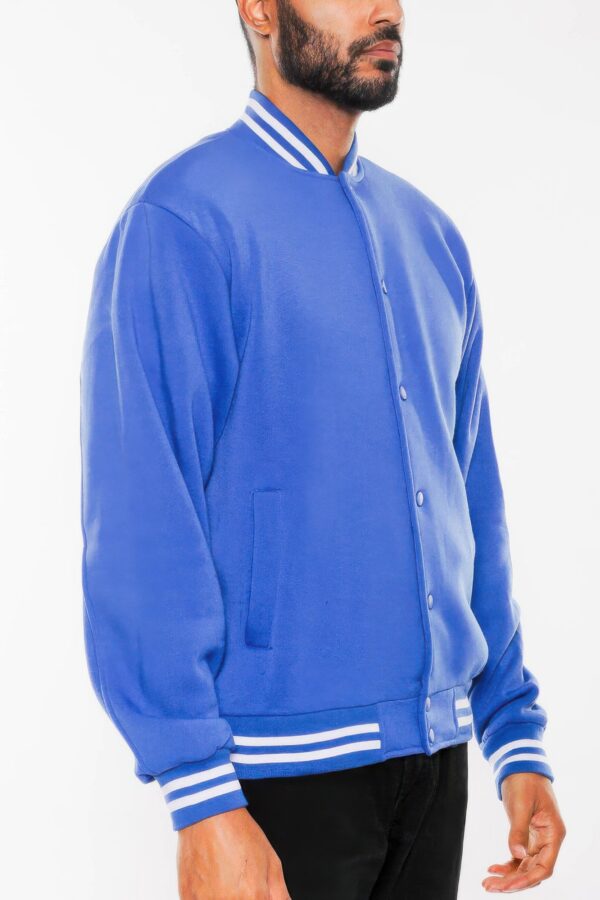 Men’s Fleece Varsity Jacket – Snap Button, Striped Trim