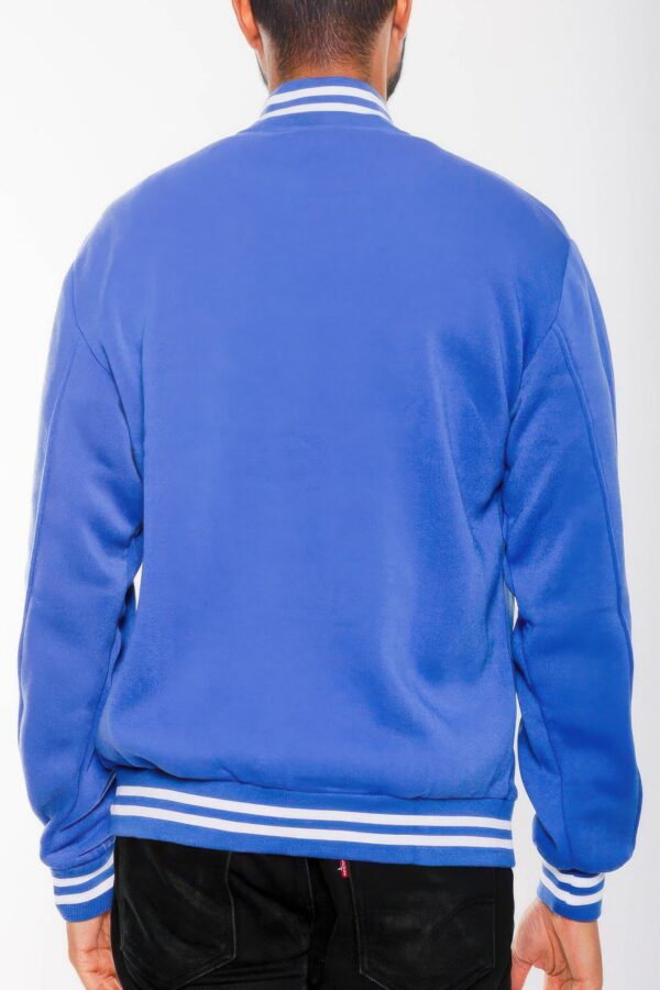 Men’s Fleece Varsity Jacket – Snap Button, Striped Trim