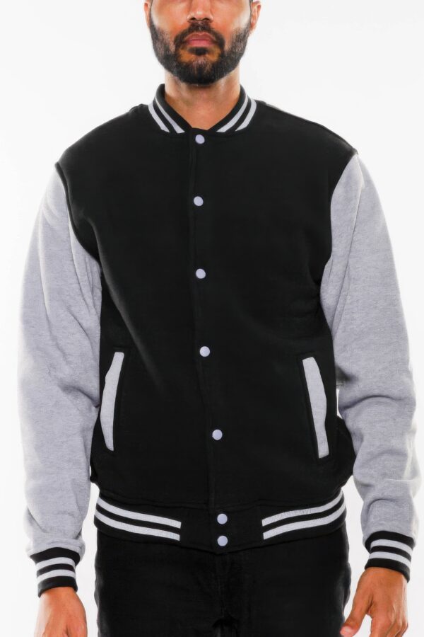 Men’s Fleece Varsity Jacket – Snap Button, Striped Trim